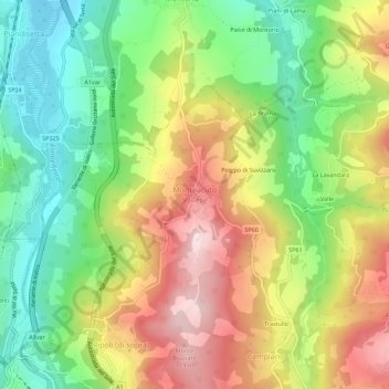 Carte topographique Monteacuto Vallese, altitude, relief