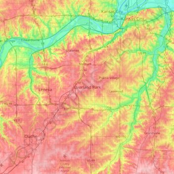Carte topographique Overland Park, altitude, relief