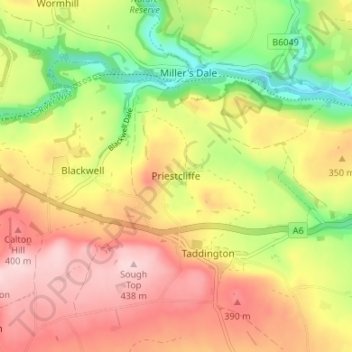Carte topographique Priestcliffe, altitude, relief