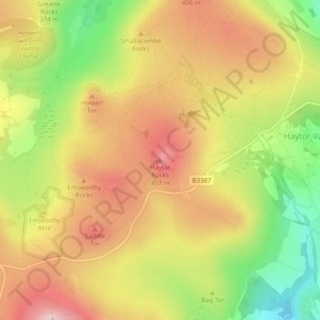 Carte topographique Haytor Rocks, altitude, relief