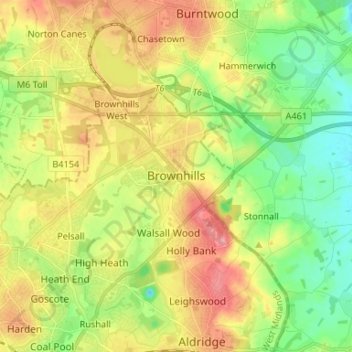 Carte topographique Brownhills, altitude, relief