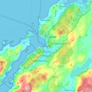 Carte topographique Oban, altitude, relief