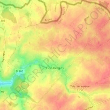 Carte topographique Hon-Hergies, altitude, relief