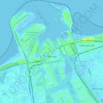 Carte topographique Zeebrugge, altitude, relief