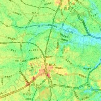 Carte topographique Arrondissement de Shinjuku, altitude, relief