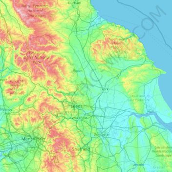 Carte topographique Yorkshire, altitude, relief