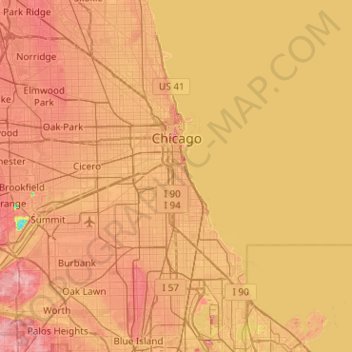 Carte topographique Chicago, altitude, relief