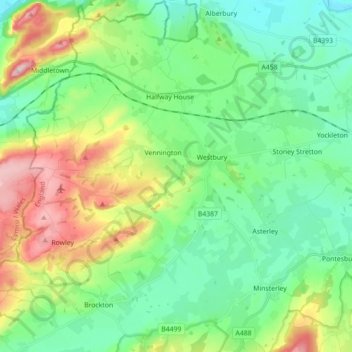Carte topographique Westbury, altitude, relief
