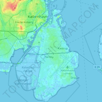Carte topographique Amager, altitude, relief