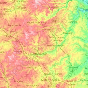Carte topographique Northamptonshire, altitude, relief