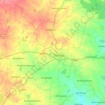 Carte topographique Nakrekal mandal, altitude, relief