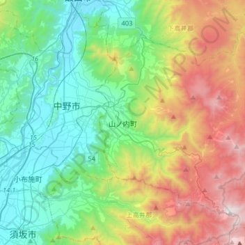 Carte topographique 山ノ内町, altitude, relief