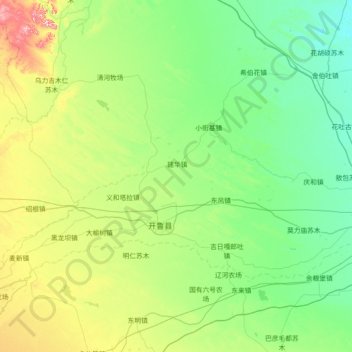 Carte topographique 开鲁县, altitude, relief