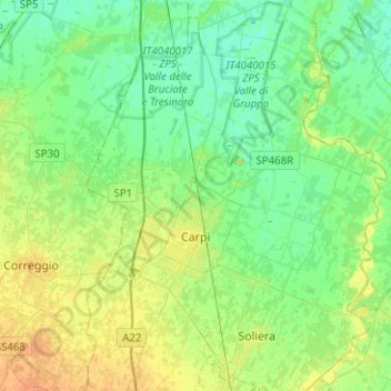 Carte topographique Carpi, altitude, relief