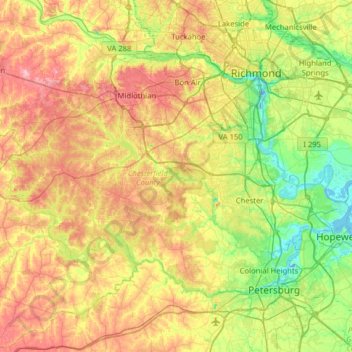 Carte topographique Chesterfield County, altitude, relief