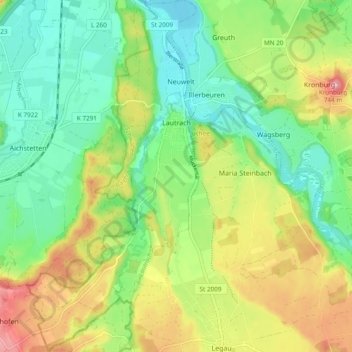 Carte topographique Lautrach, altitude, relief