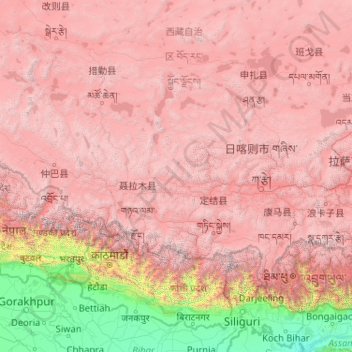 Carte topographique Shigatse Prefecture, altitude, relief