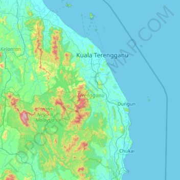 Carte topographique Terengganu / ترڠڬانو, altitude, relief