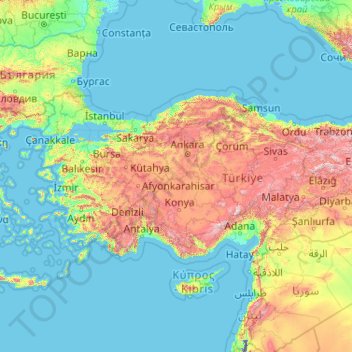 Carte topographique Asia Minor, altitude, relief
