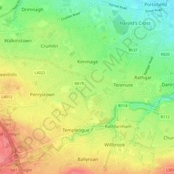 Carte topographique Dublin 6W, altitude, relief