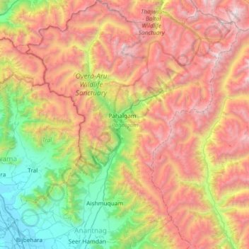 Carte topographique Pahalgam, altitude, relief