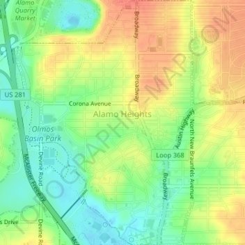 Carte topographique Alamo Heights, altitude, relief