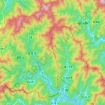 Carte topographique 龙田乡, altitude, relief