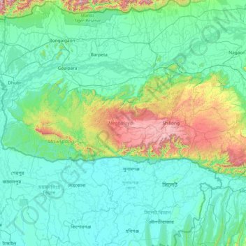 Carte topographique Meghalaya, altitude, relief