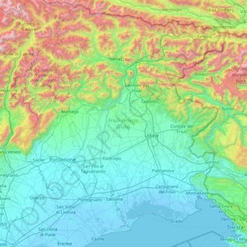 Carte topographique Frioul-Vénétie julienne, altitude, relief
