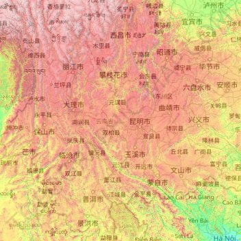 Carte topographique 云南省, altitude, relief