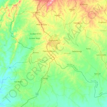 Carte topographique Sampués, altitude, relief