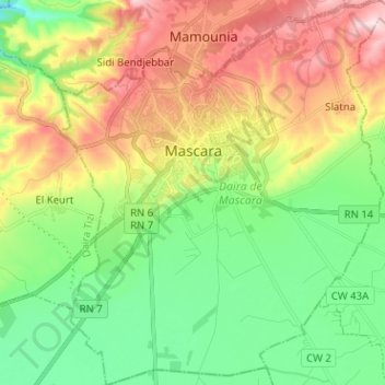 Carte topographique Mascara, altitude, relief