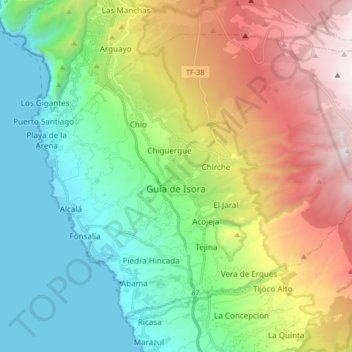 Carte topographique Guía de Isora, altitude, relief