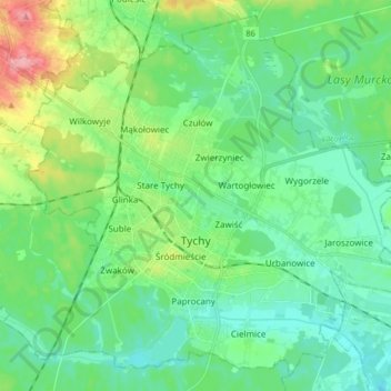 Carte topographique Tychy, altitude, relief