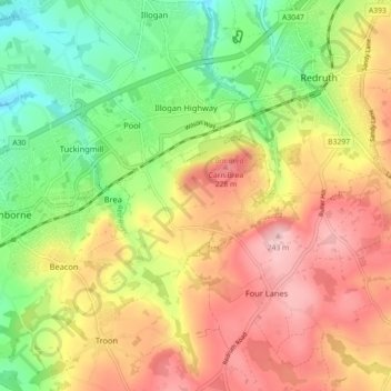Carte topographique Carn Brea, altitude, relief