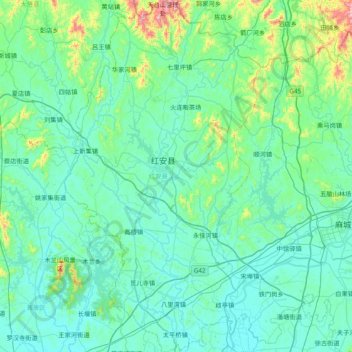 Carte topographique 红安县, altitude, relief