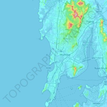 Carte topographique Mumbai, altitude, relief