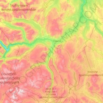 Carte topographique Oppdal, altitude, relief