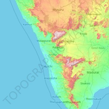 Carte topographique Kerala, altitude, relief