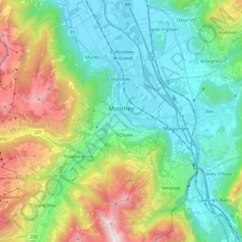 Carte topographique Monthey, altitude, relief