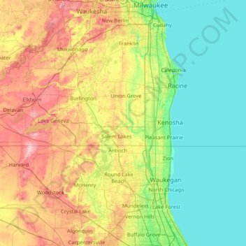 Carte topographique Kenosha County, altitude, relief