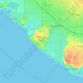Carte topographique Huntington Beach, altitude, relief
