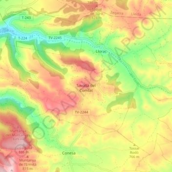 Carte topographique Savallà del Comtat, altitude, relief