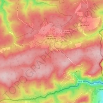 Carte topographique Oignies-en-Thiérache, altitude, relief