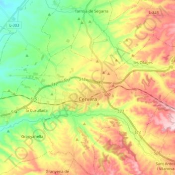 Carte topographique Cervera, altitude, relief