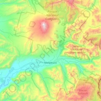Carte topographique Melipeuco, altitude, relief