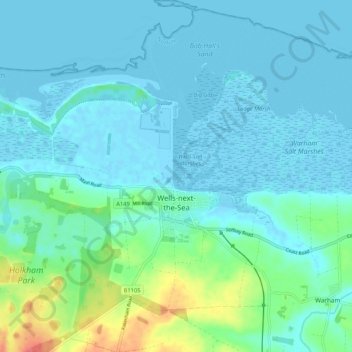 Carte topographique Wells-Next-the-Sea, altitude, relief