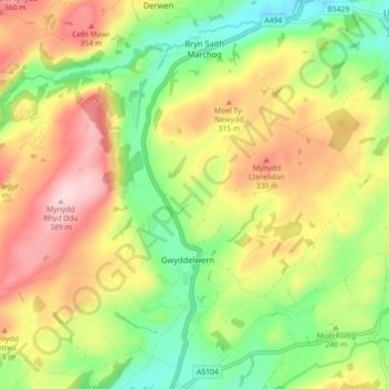 Carte topographique Gwyddelwern, altitude, relief