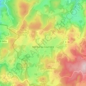 Carte topographique Mansat-la-Courrière, altitude, relief