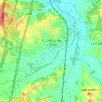 Carte topographique Riudellots de la Selva, altitude, relief